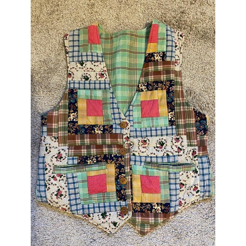 Vest Patchwork Quilted Vintage Granny Chic Oversized Small Western sku38